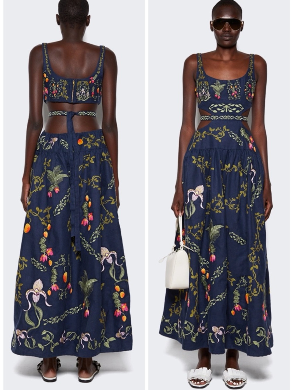 AGUA BY AGUA BENDITA TOTUMO BOUQUET EMBROIDERED LINEN DRESS NAVY SZ L